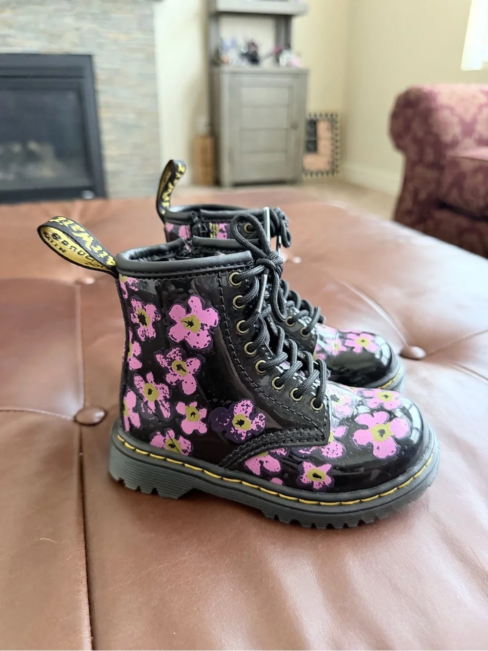 Dr. Martens Kids Black Lace-Up Boots with Pink Floral Print